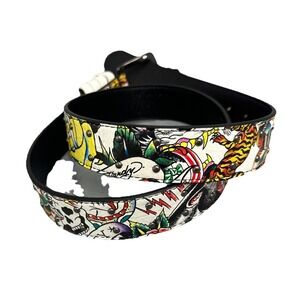 Ed Hardy Men's Skull Tiger Panther Print Belt With Hammered Rivet Studs SZ 42 NW